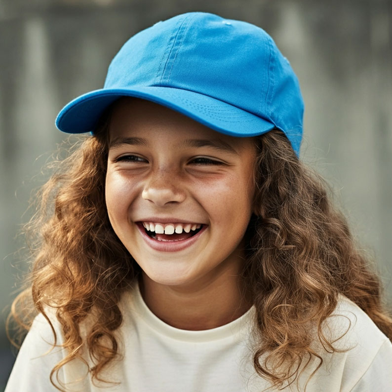 Smiling child wearing a blue cap